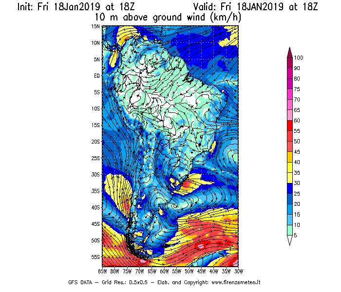 Mappa di analisi GFS - Velocità del vento a 10 metri dal suolo [km/h] in Sud-America
									del 18/01/2019 18 <!--googleoff: index-->UTC<!--googleon: index-->