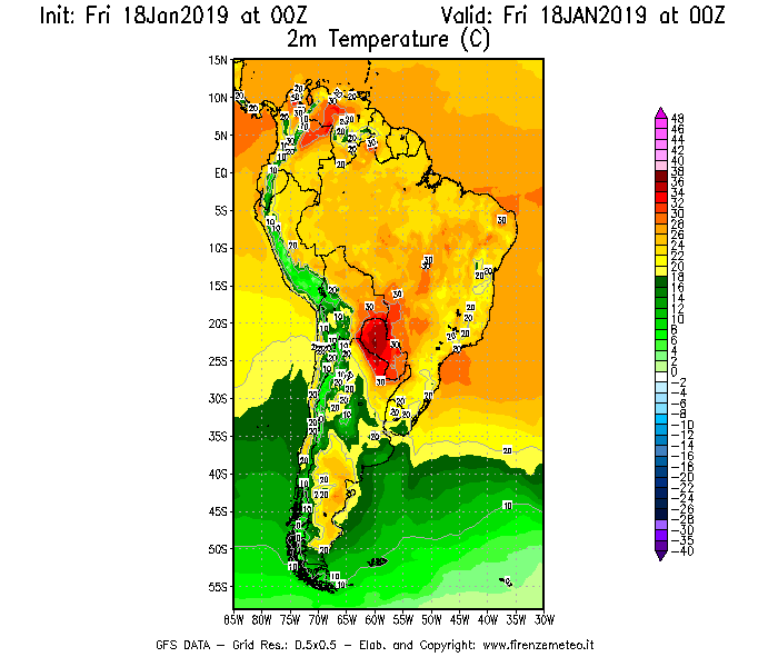 Mappa di analisi GFS - Temperatura a 2 metri dal suolo [°C] in Sud-America
									del 18/01/2019 00 <!--googleoff: index-->UTC<!--googleon: index-->