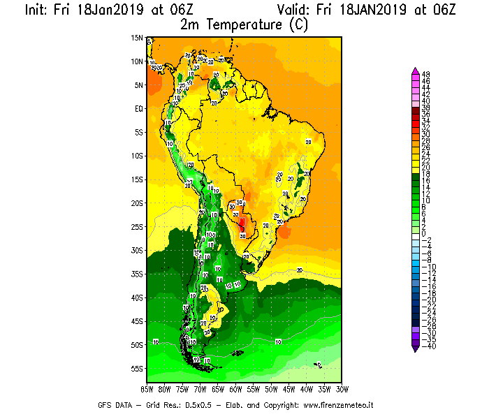 Mappa di analisi GFS - Temperatura a 2 metri dal suolo [°C] in Sud-America
							del 18/01/2019 06 <!--googleoff: index-->UTC<!--googleon: index-->
