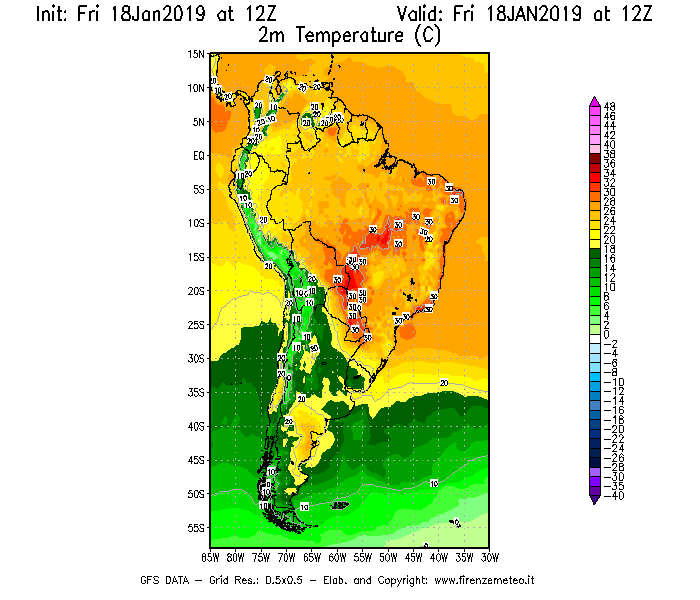 Mappa di analisi GFS - Temperatura a 2 metri dal suolo [°C] in Sud-America
							del 18/01/2019 12 <!--googleoff: index-->UTC<!--googleon: index-->