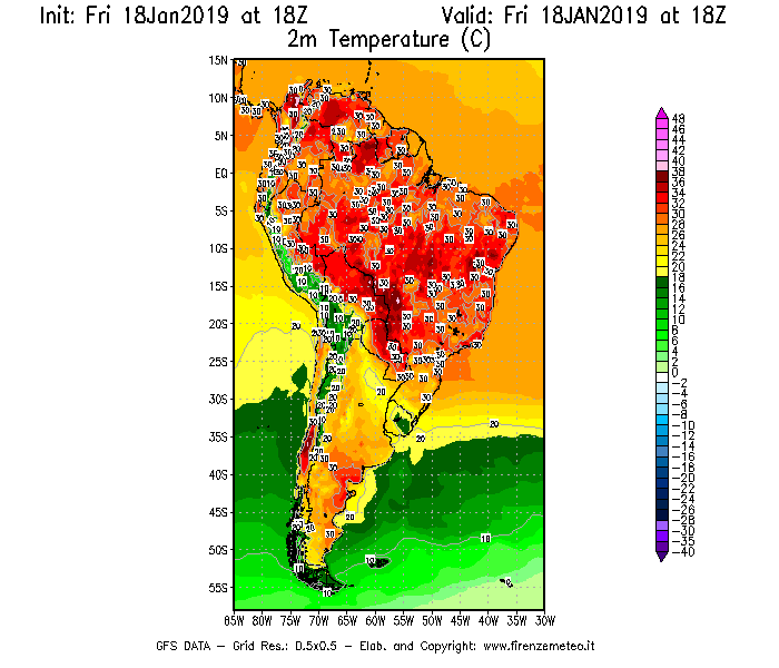 Mappa di analisi GFS - Temperatura a 2 metri dal suolo [°C] in Sud-America
									del 18/01/2019 18 <!--googleoff: index-->UTC<!--googleon: index-->