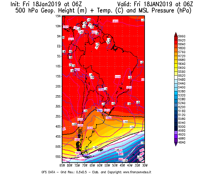 Mappa di analisi GFS - Geopotenziale [m] + Temp. [°C] a 500 hPa + Press. a livello del mare [hPa] in Sud-America
									del 18/01/2019 06 <!--googleoff: index-->UTC<!--googleon: index-->