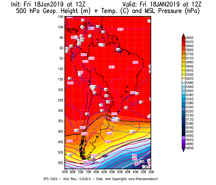 Mappa di analisi GFS - Geopotenziale [m] + Temp. [°C] a 500 hPa + Press. a livello del mare [hPa] in Sud-America
							del 18/01/2019 12 <!--googleoff: index-->UTC<!--googleon: index-->