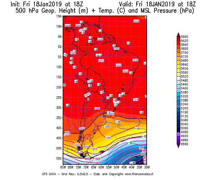 Mappa di analisi GFS - Geopotenziale [m] + Temp. [°C] a 500 hPa + Press. a livello del mare [hPa] in Sud-America
							del 18/01/2019 18 <!--googleoff: index-->UTC<!--googleon: index-->