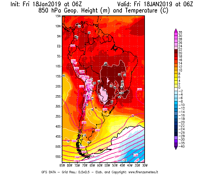 Mappa di analisi GFS - Geopotenziale [m] e Temperatura [°C] a 850 hPa in Sud-America
							del 18/01/2019 06 <!--googleoff: index-->UTC<!--googleon: index-->