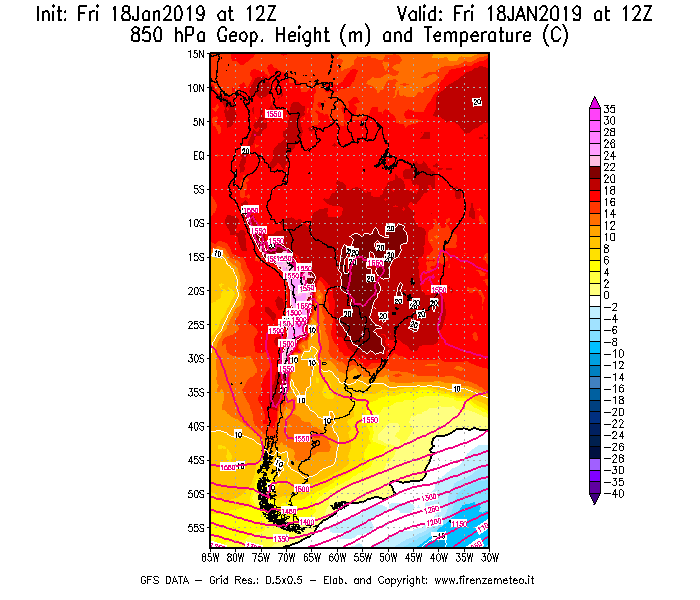 Mappa di analisi GFS - Geopotenziale [m] e Temperatura [°C] a 850 hPa in Sud-America
									del 18/01/2019 12 <!--googleoff: index-->UTC<!--googleon: index-->