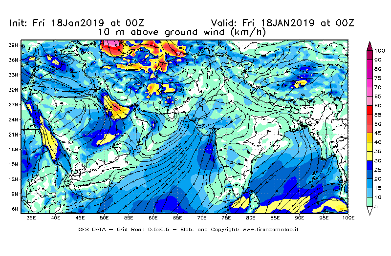 Mappa di analisi GFS - Velocità del vento a 10 metri dal suolo [km/h] in Asia Sud-Occidentale
							del 18/01/2019 00 <!--googleoff: index-->UTC<!--googleon: index-->