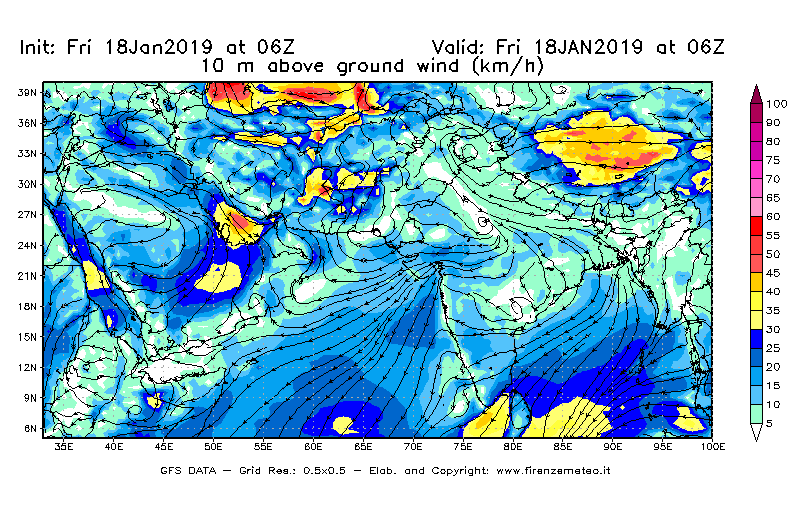 Mappa di analisi GFS - Velocità del vento a 10 metri dal suolo [km/h] in Asia Sud-Occidentale
									del 18/01/2019 06 <!--googleoff: index-->UTC<!--googleon: index-->