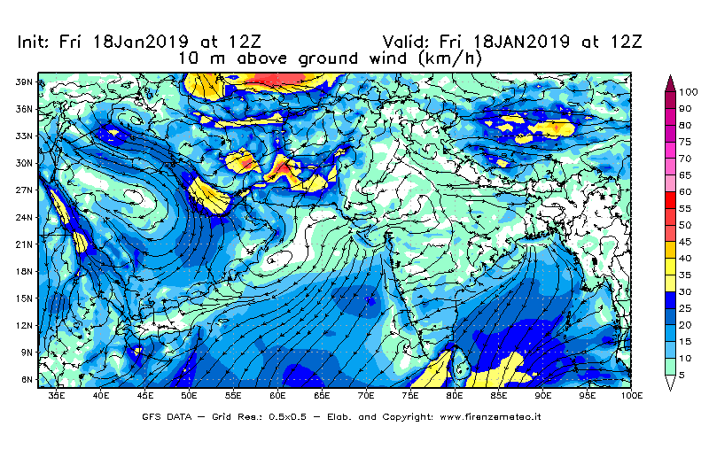 Mappa di analisi GFS - Velocità del vento a 10 metri dal suolo [km/h] in Asia Sud-Occidentale
									del 18/01/2019 12 <!--googleoff: index-->UTC<!--googleon: index-->