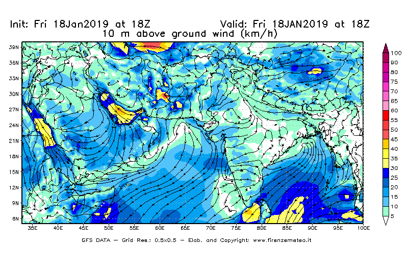 Mappa di analisi GFS - Velocità del vento a 10 metri dal suolo [km/h] in Asia Sud-Occidentale
									del 18/01/2019 18 <!--googleoff: index-->UTC<!--googleon: index-->