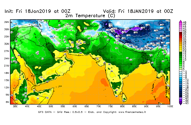 Mappa di analisi GFS - Temperatura a 2 metri dal suolo [°C] in Asia Sud-Occidentale
							del 18/01/2019 00 <!--googleoff: index-->UTC<!--googleon: index-->