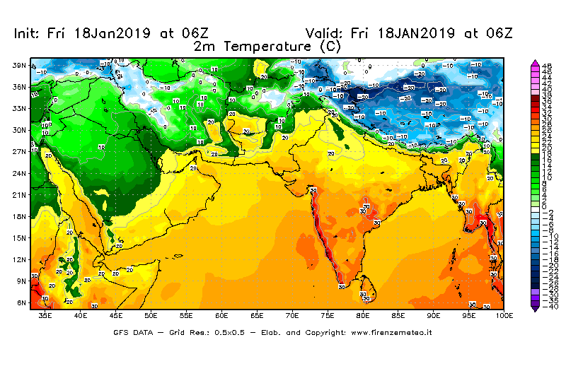 Mappa di analisi GFS - Temperatura a 2 metri dal suolo [°C] in Asia Sud-Occidentale
									del 18/01/2019 06 <!--googleoff: index-->UTC<!--googleon: index-->