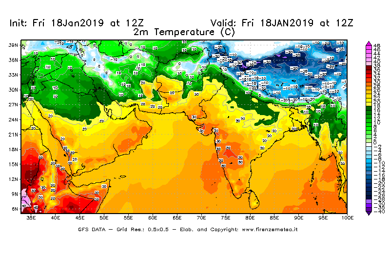 Mappa di analisi GFS - Temperatura a 2 metri dal suolo [°C] in Asia Sud-Occidentale
							del 18/01/2019 12 <!--googleoff: index-->UTC<!--googleon: index-->