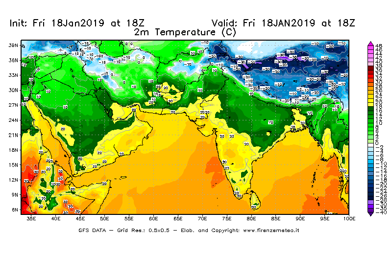 Mappa di analisi GFS - Temperatura a 2 metri dal suolo [°C] in Asia Sud-Occidentale
									del 18/01/2019 18 <!--googleoff: index-->UTC<!--googleon: index-->