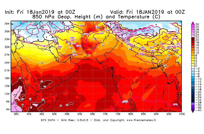 Mappa di analisi GFS - Geopotenziale [m] e Temperatura [°C] a 850 hPa in Asia Sud-Occidentale
									del 18/01/2019 00 <!--googleoff: index-->UTC<!--googleon: index-->