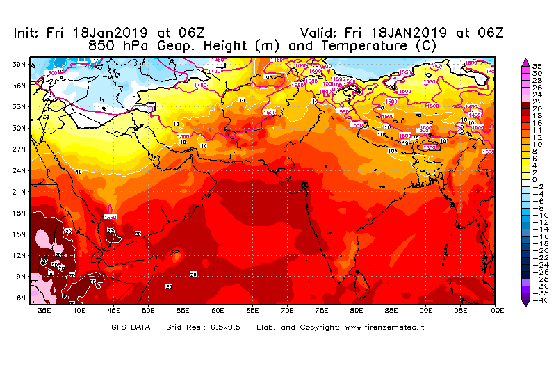 Mappa di analisi GFS - Geopotenziale [m] e Temperatura [°C] a 850 hPa in Asia Sud-Occidentale
									del 18/01/2019 06 <!--googleoff: index-->UTC<!--googleon: index-->