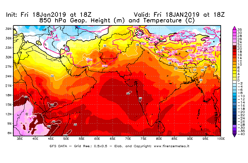 Mappa di analisi GFS - Geopotenziale [m] e Temperatura [°C] a 850 hPa in Asia Sud-Occidentale
									del 18/01/2019 18 <!--googleoff: index-->UTC<!--googleon: index-->
