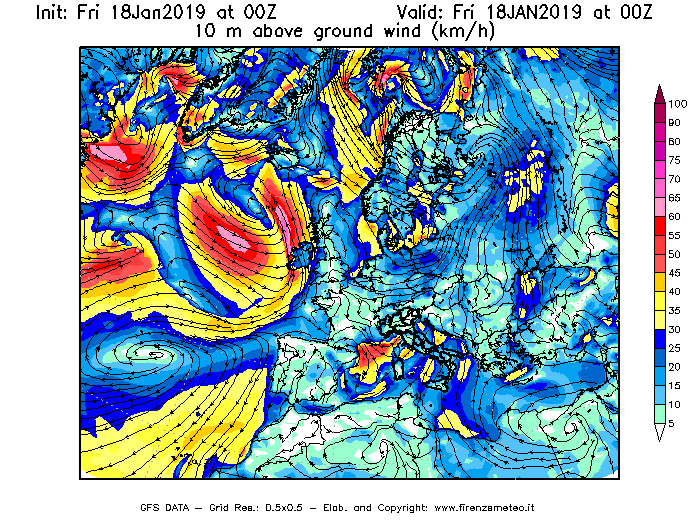Mappa di analisi GFS - Velocità del vento a 10 metri dal suolo [km/h] in Europa
							del 18/01/2019 00 <!--googleoff: index-->UTC<!--googleon: index-->