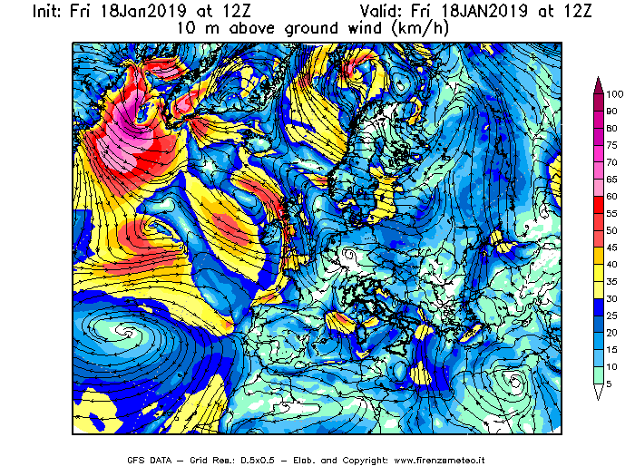 Mappa di analisi GFS - Velocità del vento a 10 metri dal suolo [km/h] in Europa
									del 18/01/2019 12 <!--googleoff: index-->UTC<!--googleon: index-->