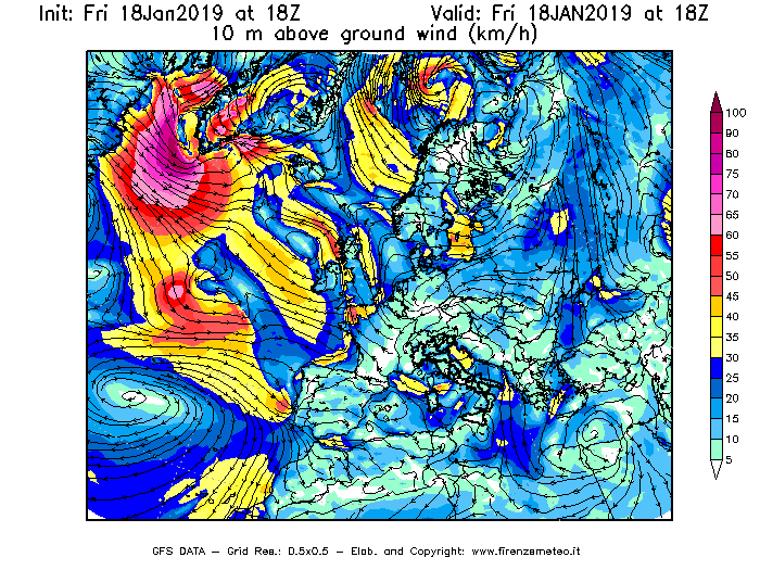 Mappa di analisi GFS - Velocità del vento a 10 metri dal suolo [km/h] in Europa
							del 18/01/2019 18 <!--googleoff: index-->UTC<!--googleon: index-->