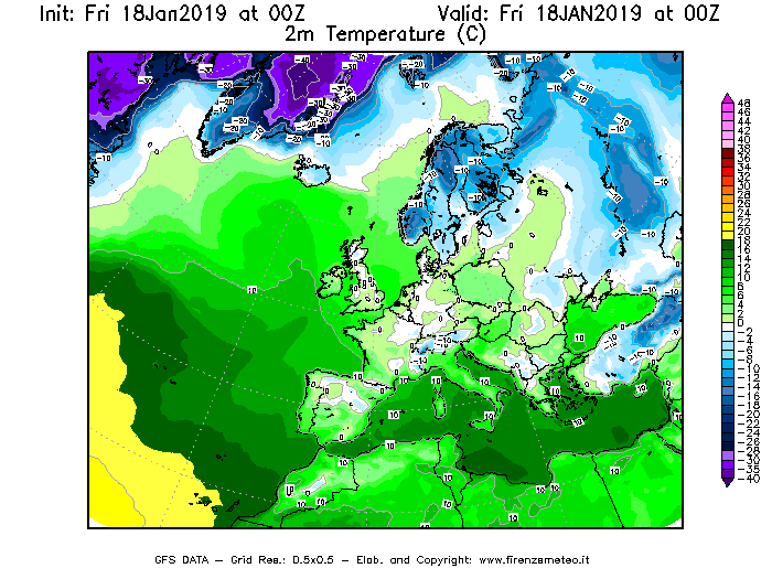 Mappa di analisi GFS - Temperatura a 2 metri dal suolo [°C] in Europa
							del 18/01/2019 00 <!--googleoff: index-->UTC<!--googleon: index-->