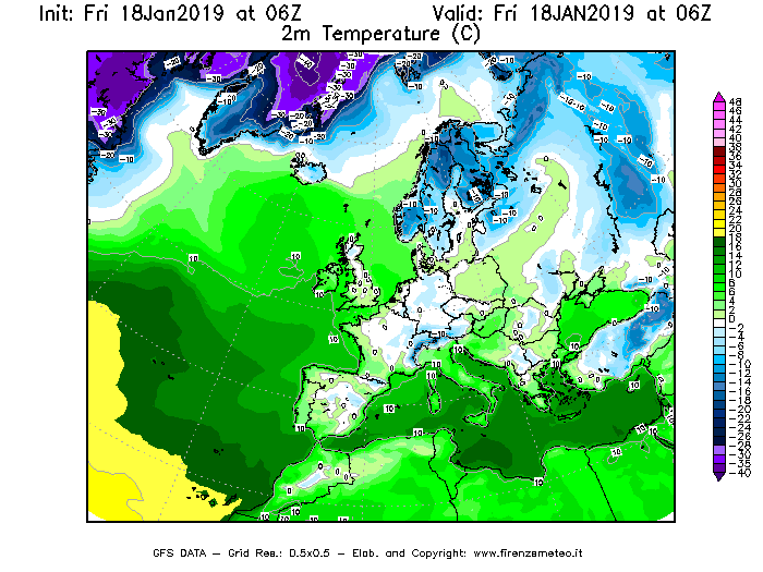 Mappa di analisi GFS - Temperatura a 2 metri dal suolo [°C] in Europa
									del 18/01/2019 06 <!--googleoff: index-->UTC<!--googleon: index-->