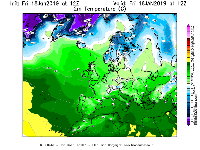 Mappa di analisi GFS - Temperatura a 2 metri dal suolo [°C] in Europa
									del 18/01/2019 12 <!--googleoff: index-->UTC<!--googleon: index-->