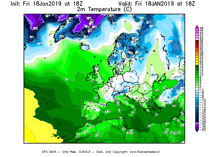 Mappa di analisi GFS - Temperatura a 2 metri dal suolo [°C] in Europa
							del 18/01/2019 18 <!--googleoff: index-->UTC<!--googleon: index-->