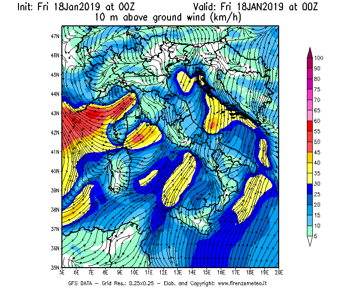 Mappa di analisi GFS - Velocità del vento a 10 metri dal suolo [km/h] in Italia
									del 18/01/2019 00 <!--googleoff: index-->UTC<!--googleon: index-->