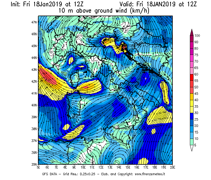 Mappa di analisi GFS - Velocità del vento a 10 metri dal suolo [km/h] in Italia
							del 18/01/2019 12 <!--googleoff: index-->UTC<!--googleon: index-->