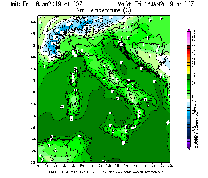 Mappa di analisi GFS - Temperatura a 2 metri dal suolo [°C] in Italia
							del 18/01/2019 00 <!--googleoff: index-->UTC<!--googleon: index-->