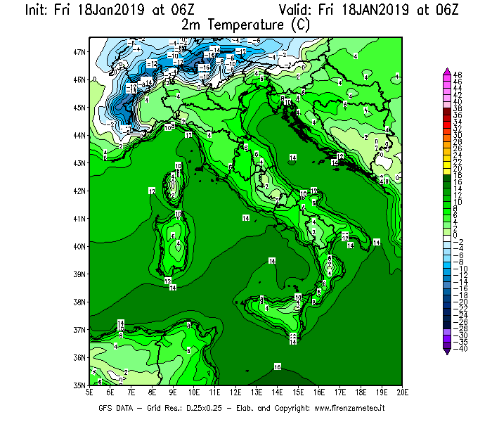 Mappa di analisi GFS - Temperatura a 2 metri dal suolo [°C] in Italia
									del 18/01/2019 06 <!--googleoff: index-->UTC<!--googleon: index-->