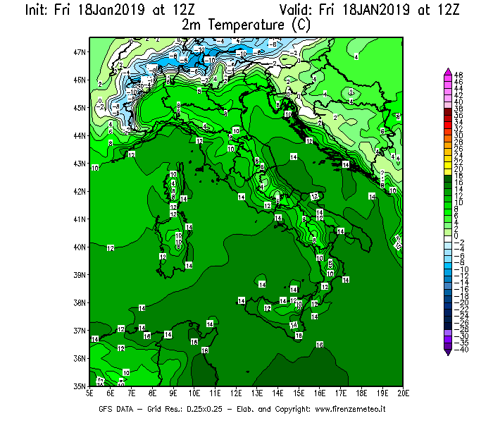 Mappa di analisi GFS - Temperatura a 2 metri dal suolo [°C] in Italia
									del 18/01/2019 12 <!--googleoff: index-->UTC<!--googleon: index-->