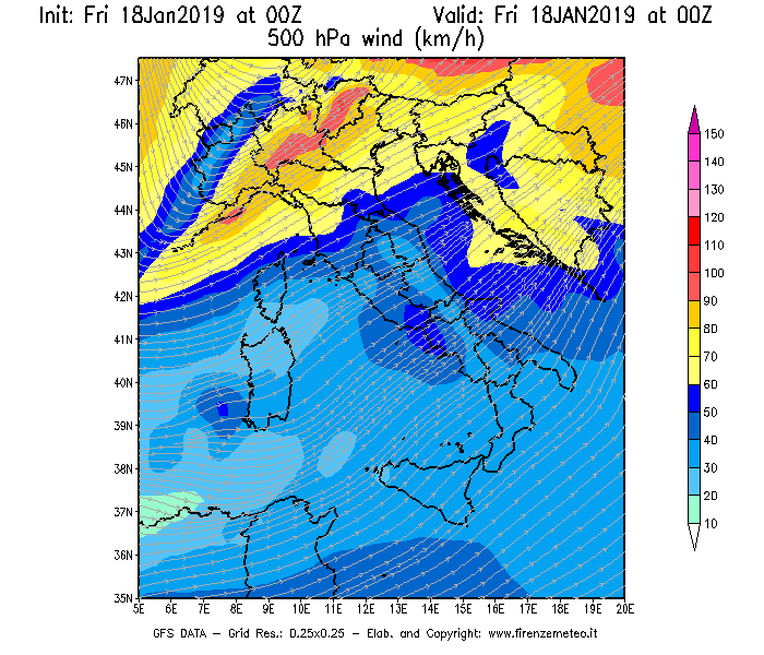 Mappa di analisi GFS - Velocità del vento a 500 hPa [km/h] in Italia
							del 18/01/2019 00 <!--googleoff: index-->UTC<!--googleon: index-->