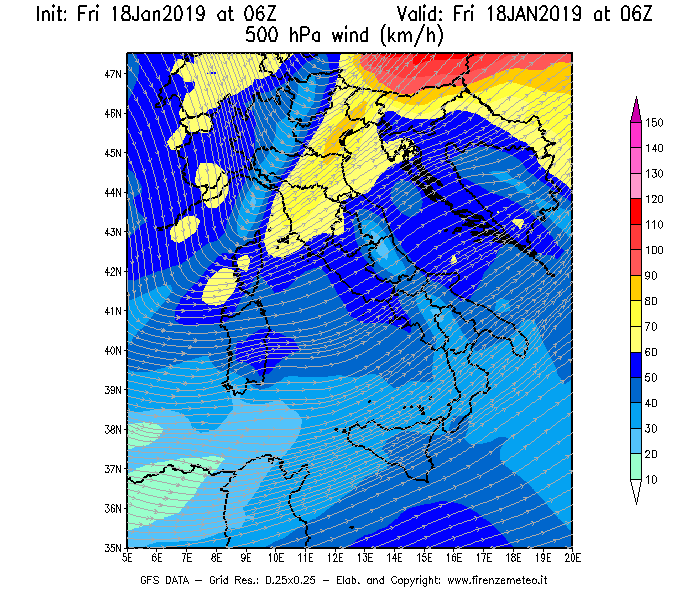 Mappa di analisi GFS - Velocità del vento a 500 hPa [km/h] in Italia
							del 18/01/2019 06 <!--googleoff: index-->UTC<!--googleon: index-->