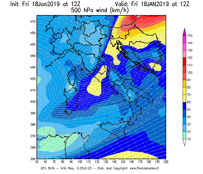 Mappa di analisi GFS - Velocità del vento a 500 hPa [km/h] in Italia
							del 18/01/2019 12 <!--googleoff: index-->UTC<!--googleon: index-->