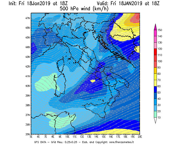 Mappa di analisi GFS - Velocità del vento a 500 hPa [km/h] in Italia
									del 18/01/2019 18 <!--googleoff: index-->UTC<!--googleon: index-->