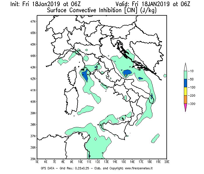 Mappa di analisi GFS - CIN [J/kg] in Italia
									del 18/01/2019 06 <!--googleoff: index-->UTC<!--googleon: index-->
