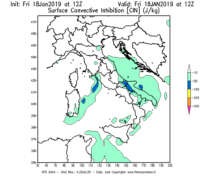 Mappa di analisi GFS - CIN [J/kg] in Italia
							del 18/01/2019 12 <!--googleoff: index-->UTC<!--googleon: index-->