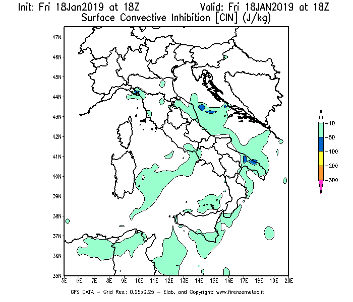 Mappa di analisi GFS - CIN [J/kg] in Italia
							del 18/01/2019 18 <!--googleoff: index-->UTC<!--googleon: index-->