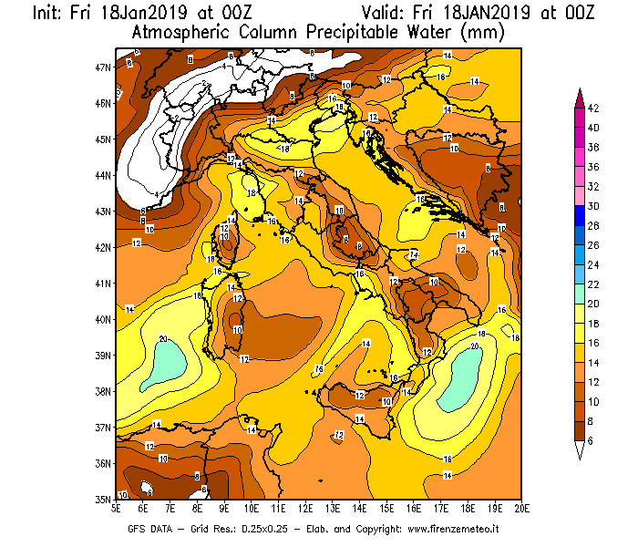 Mappa di analisi GFS - Precipitable Water [mm] in Italia
									del 18/01/2019 00 <!--googleoff: index-->UTC<!--googleon: index-->