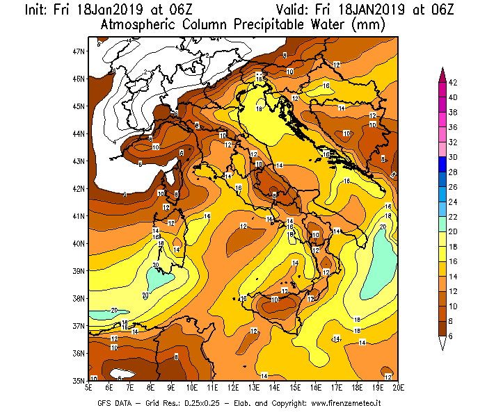 Mappa di analisi GFS - Precipitable Water [mm] in Italia
									del 18/01/2019 06 <!--googleoff: index-->UTC<!--googleon: index-->
