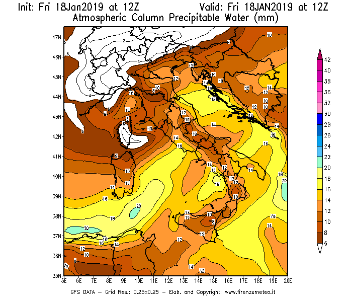 Mappa di analisi GFS - Precipitable Water [mm] in Italia
									del 18/01/2019 12 <!--googleoff: index-->UTC<!--googleon: index-->