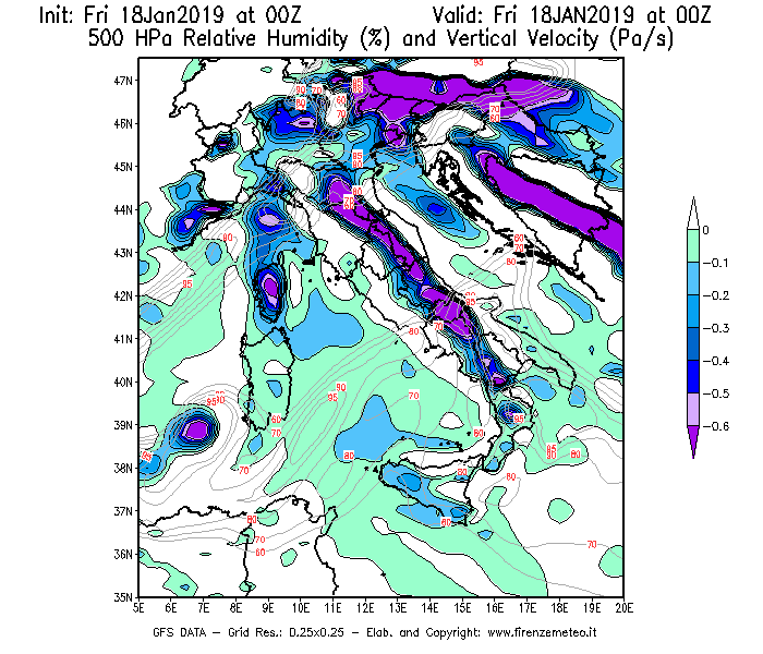 Mappa di analisi GFS - Umidità relativa [%] e Omega [Pa/s] a 500 hPa in Italia
									del 18/01/2019 00 <!--googleoff: index-->UTC<!--googleon: index-->