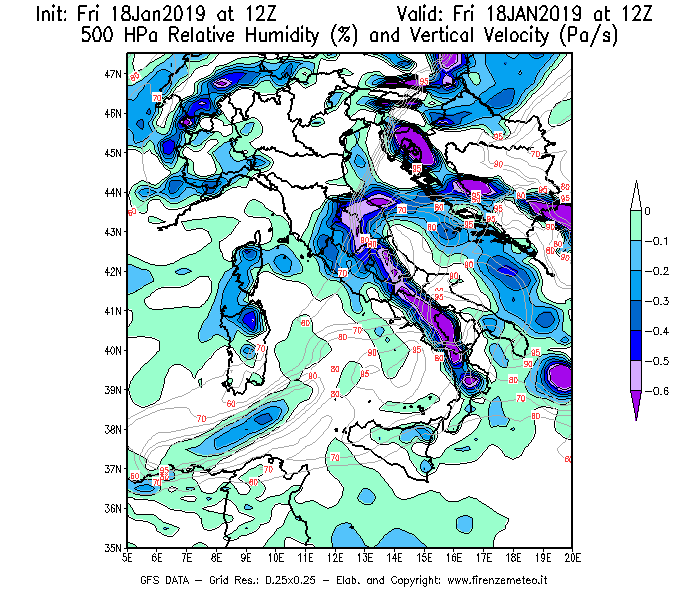 Mappa di analisi GFS - Umidità relativa [%] e Omega [Pa/s] a 500 hPa in Italia
							del 18/01/2019 12 <!--googleoff: index-->UTC<!--googleon: index-->
