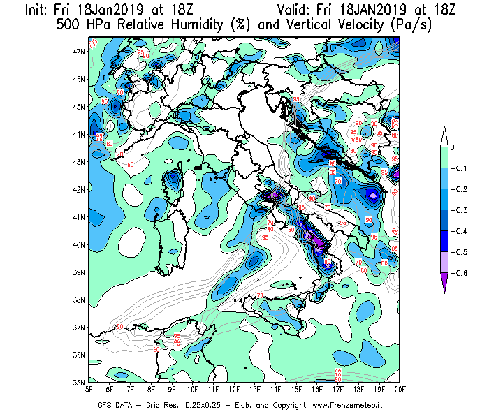 Mappa di analisi GFS - Umidità relativa [%] e Omega [Pa/s] a 500 hPa in Italia
							del 18/01/2019 18 <!--googleoff: index-->UTC<!--googleon: index-->