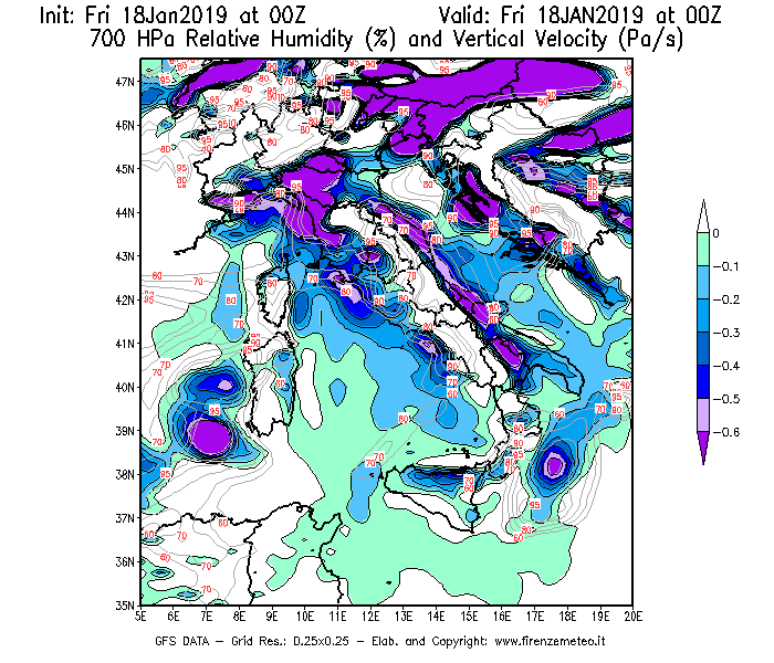 Mappa di analisi GFS - Umidità relativa [%] e Omega [Pa/s] a 700 hPa in Italia
							del 18/01/2019 00 <!--googleoff: index-->UTC<!--googleon: index-->