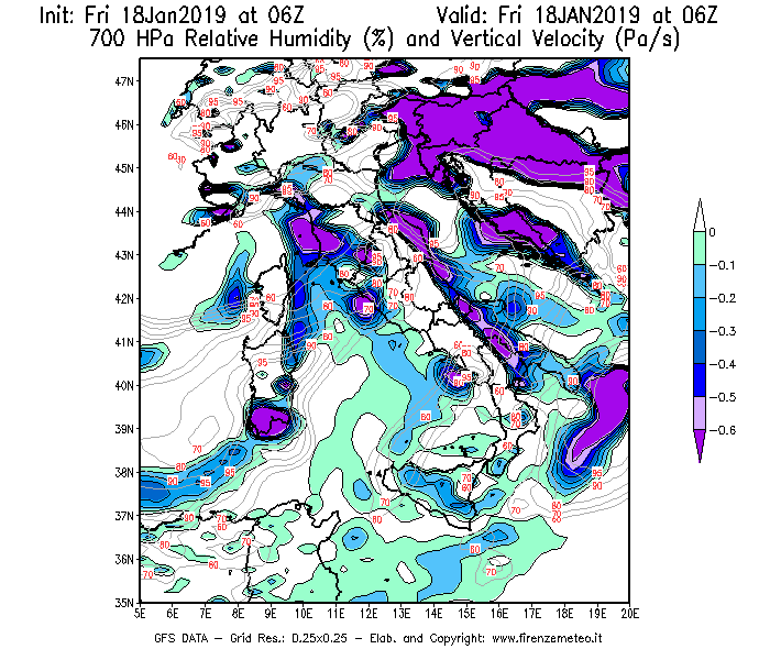 Mappa di analisi GFS - Umidità relativa [%] e Omega [Pa/s] a 700 hPa in Italia
							del 18/01/2019 06 <!--googleoff: index-->UTC<!--googleon: index-->