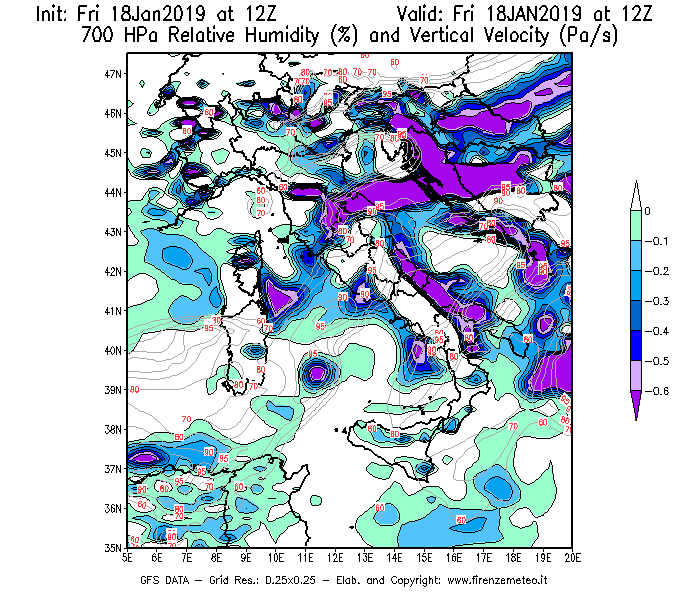 Mappa di analisi GFS - Umidità relativa [%] e Omega [Pa/s] a 700 hPa in Italia
									del 18/01/2019 12 <!--googleoff: index-->UTC<!--googleon: index-->