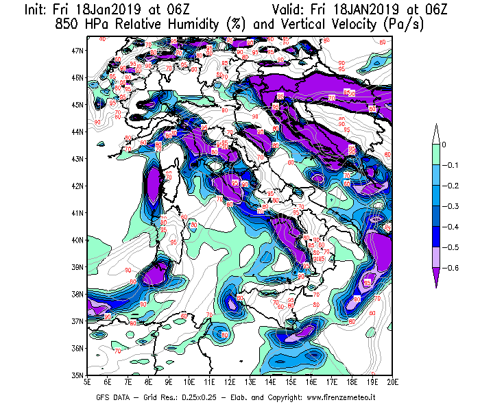 Mappa di analisi GFS - Umidità relativa [%] e Omega [Pa/s] a 850 hPa in Italia
							del 18/01/2019 06 <!--googleoff: index-->UTC<!--googleon: index-->